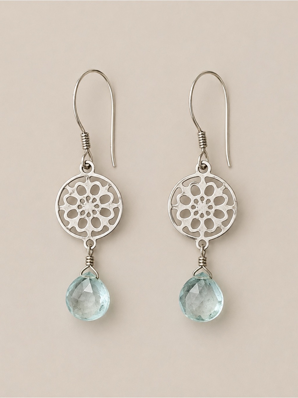 Silver Tone Aqua Blue Faceted Drop Earrings Filigree Boho